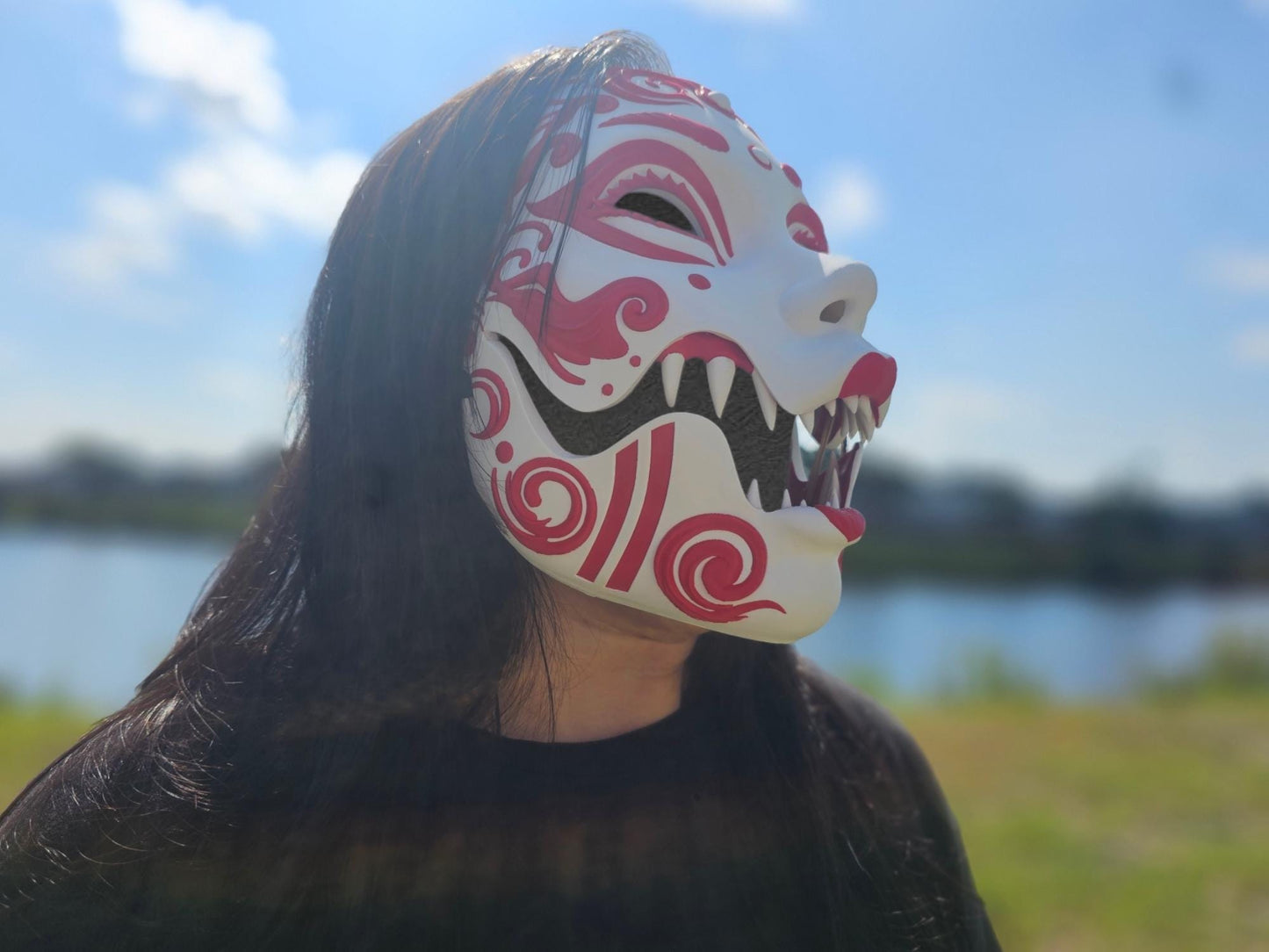 4 Options Fanged Geisha Mask 3D Printed Cosplay Horror Mask Wearable Face Mask Oni Mask For Japanese Lover Halloween Mask Gift For Him Scary