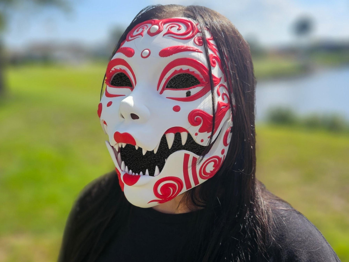 4 Options Fanged Geisha Mask 3D Printed Cosplay Horror Mask Wearable Face Mask Oni Mask For Japanese Lover Halloween Mask Gift For Him Scary