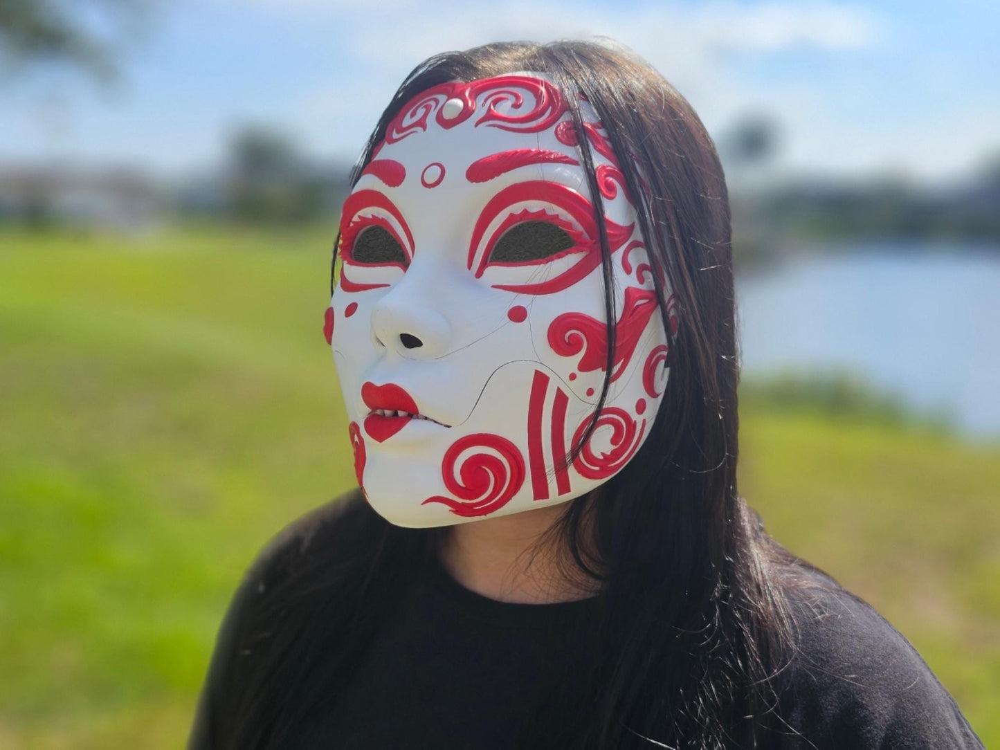 4 Options Fanged Geisha Mask 3D Printed Cosplay Horror Mask Wearable Face Mask Oni Mask For Japanese Lover Halloween Mask Gift For Him Scary