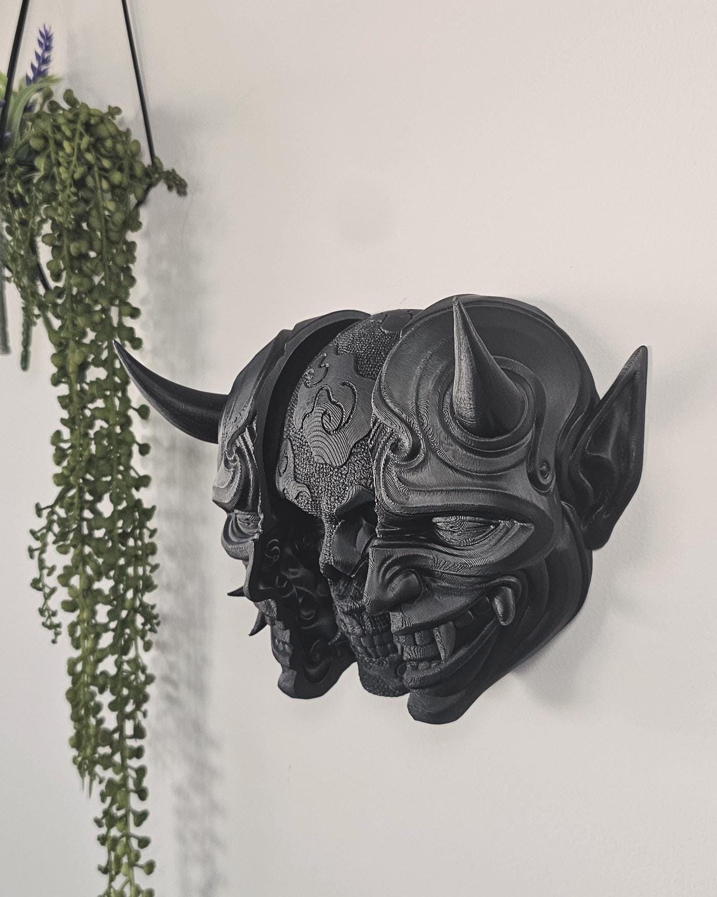 Behind Oni Death Mask 3D Printed Japanese Demon Skull Wall Art, Gothic Samurai Decor, Feudal Fantasy Mask for Home or Cosplay Display