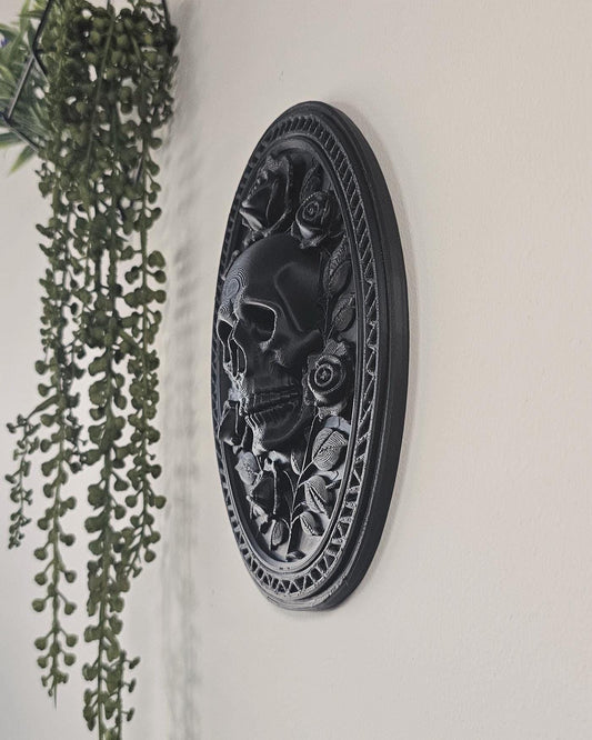 Skull and Roses Wall Plaque 3D Printed Gothic Skull Frame, Victorian Floral Wall Decor, Macabre Black Wall Art, Dark Romantic Gothic Decor