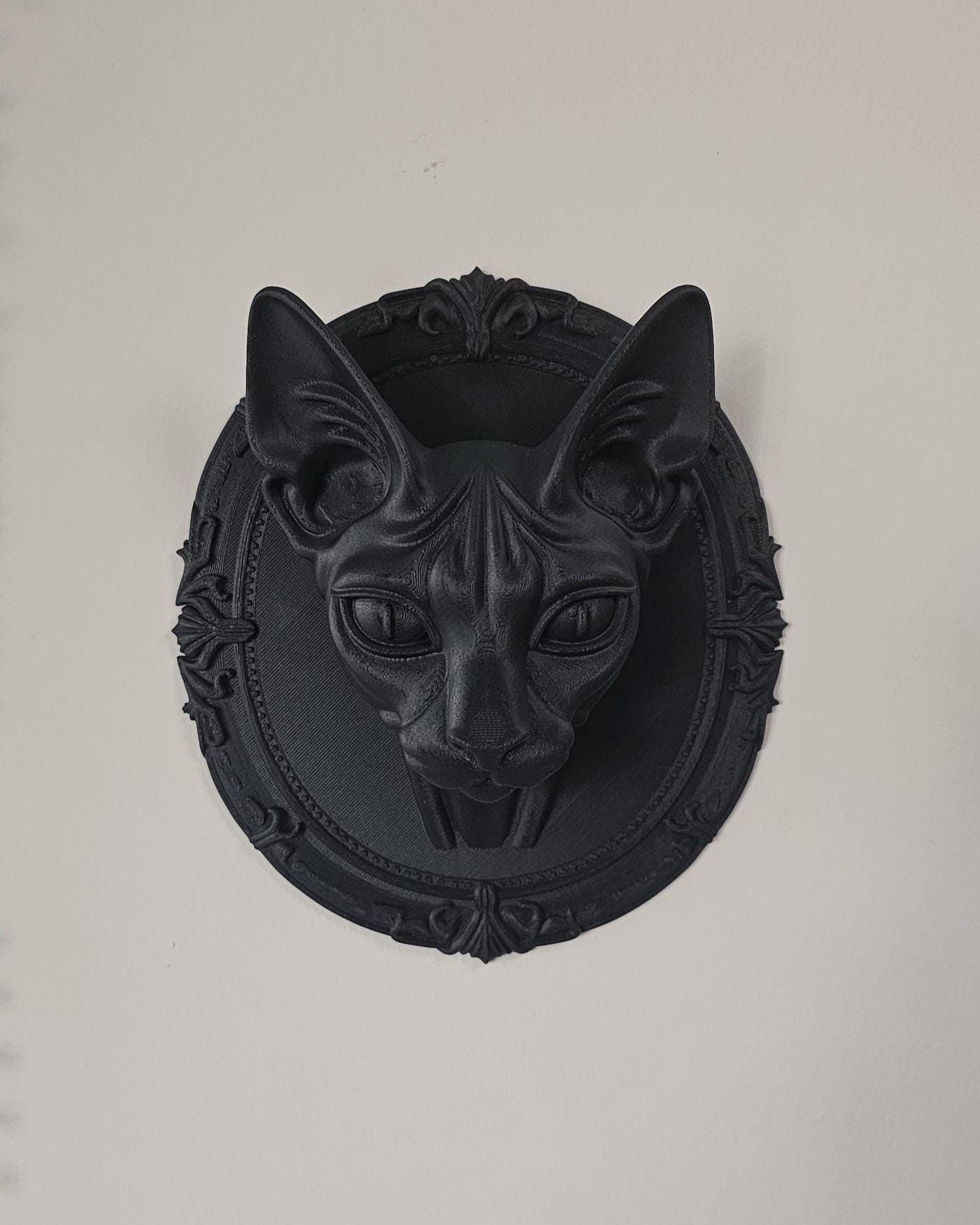 Gothic Sphynx Cat Wall Plaque  3D Printed Sphynx Cat Oval Frame, Gothic Wall Decor Home, Black Cat Wall Art, Victorian Wall Mount Sculpture