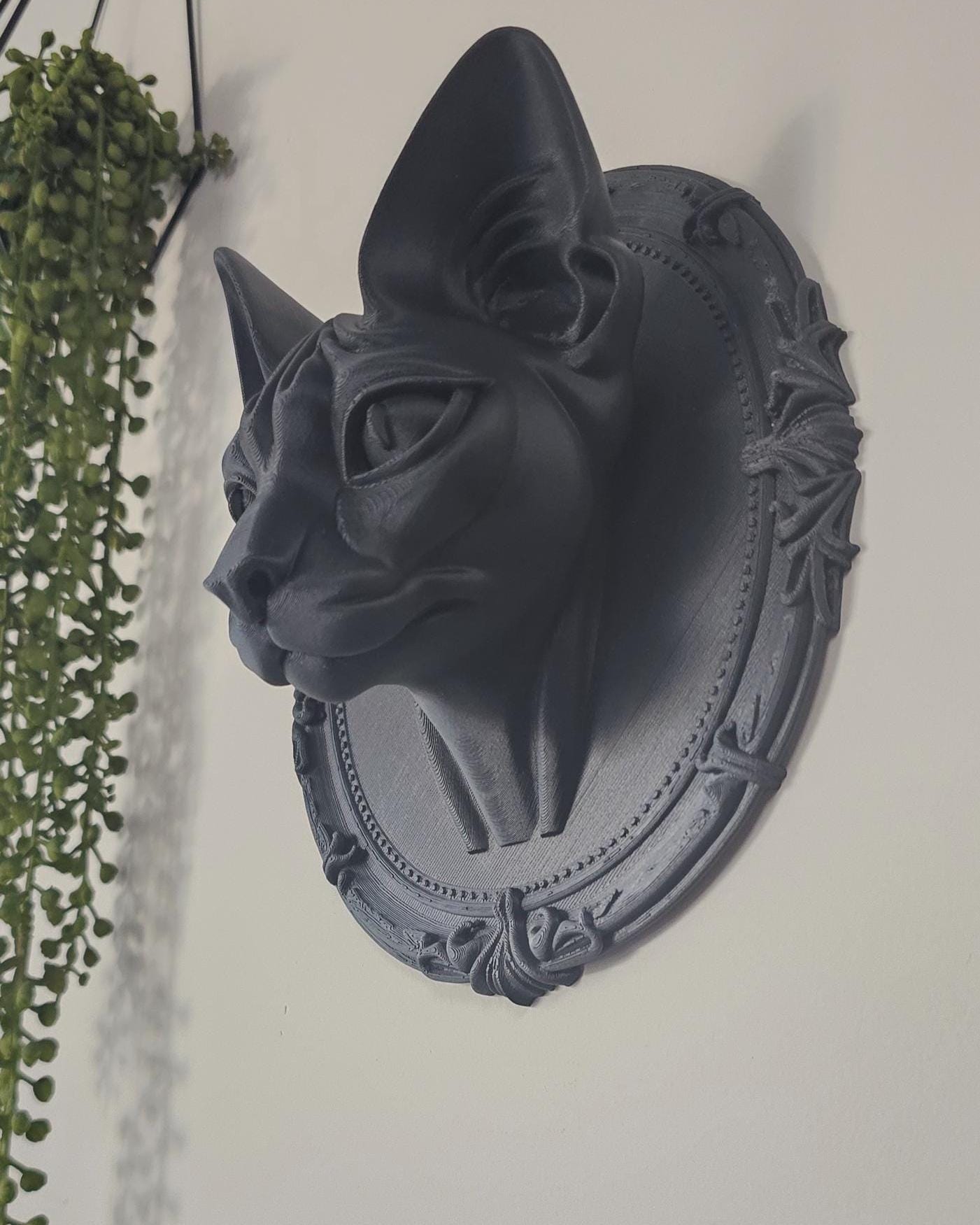Gothic Sphynx Cat Wall Plaque  3D Printed Sphynx Cat Oval Frame, Gothic Wall Decor Home, Black Cat Wall Art, Victorian Wall Mount Sculpture