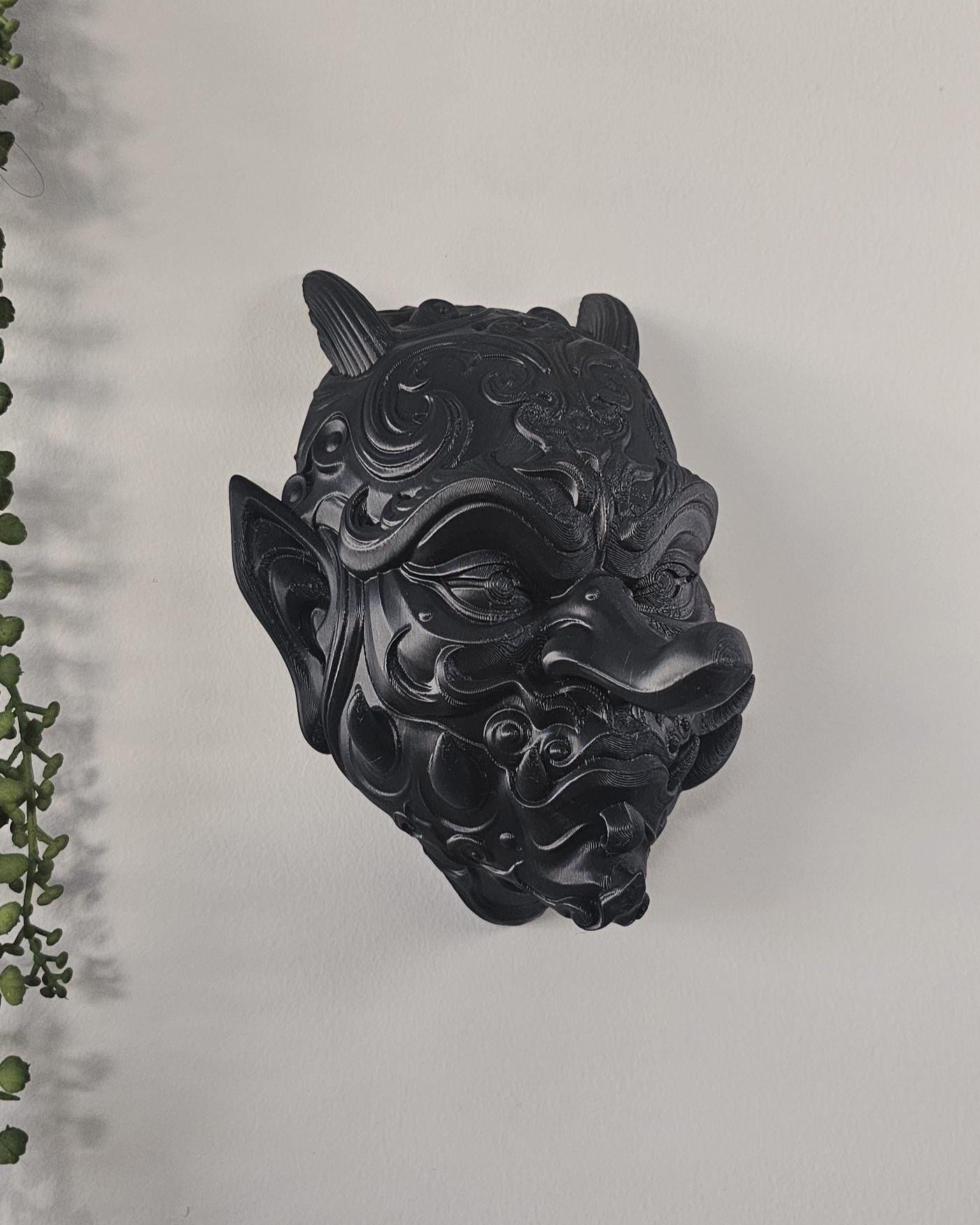 Tengu Wall Mask  Japanese Demon Wall Mount, Ornate Mythical Face Sculpture, Gothic Asian Wall Decor, Dark Fantasy Wall Art Display