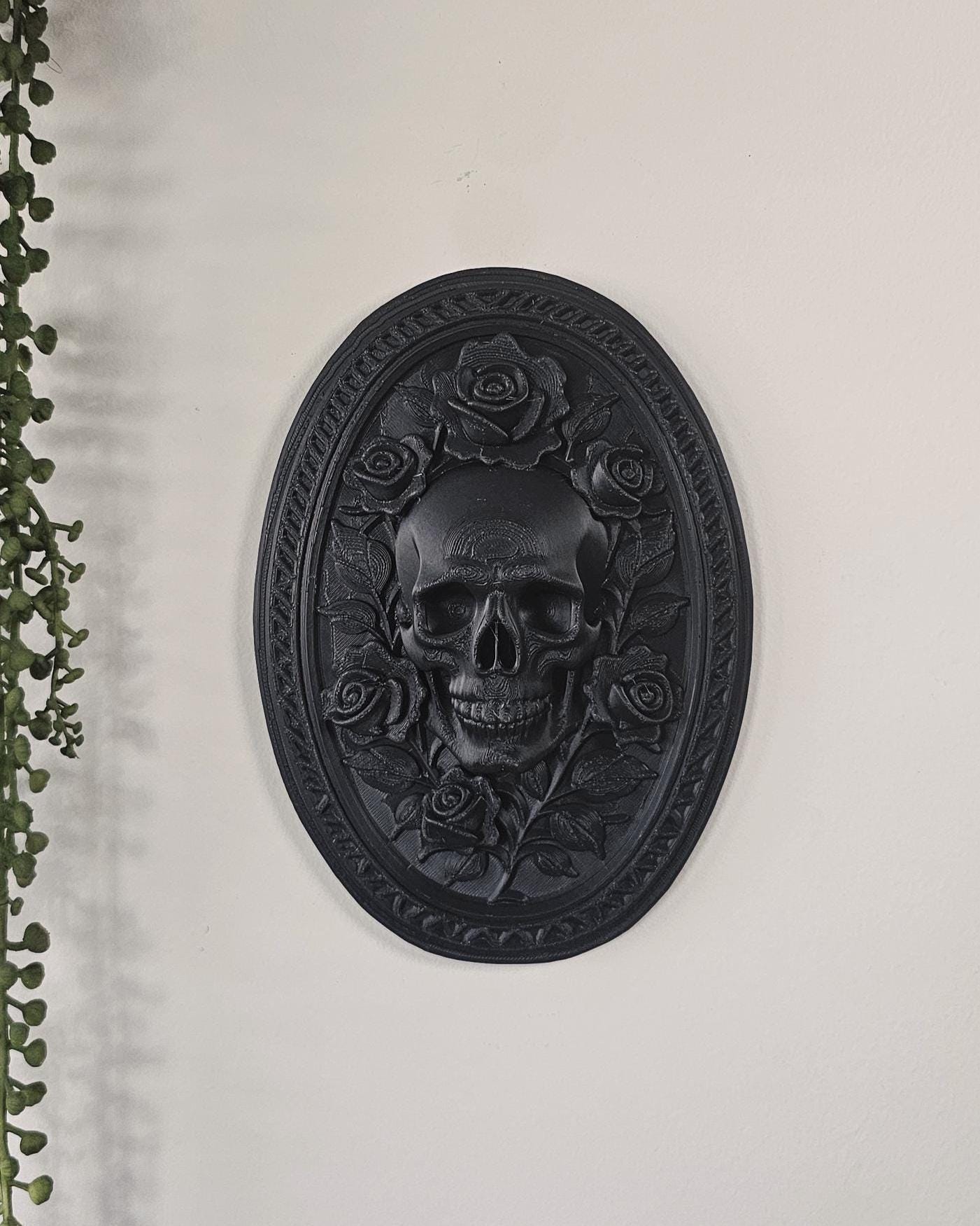 Skull and Roses Wall Plaque  3D Printed Gothic Skull Frame, Victorian Floral Wall Decor, Macabre Black Wall Art, Dark Romantic Gothic Decor