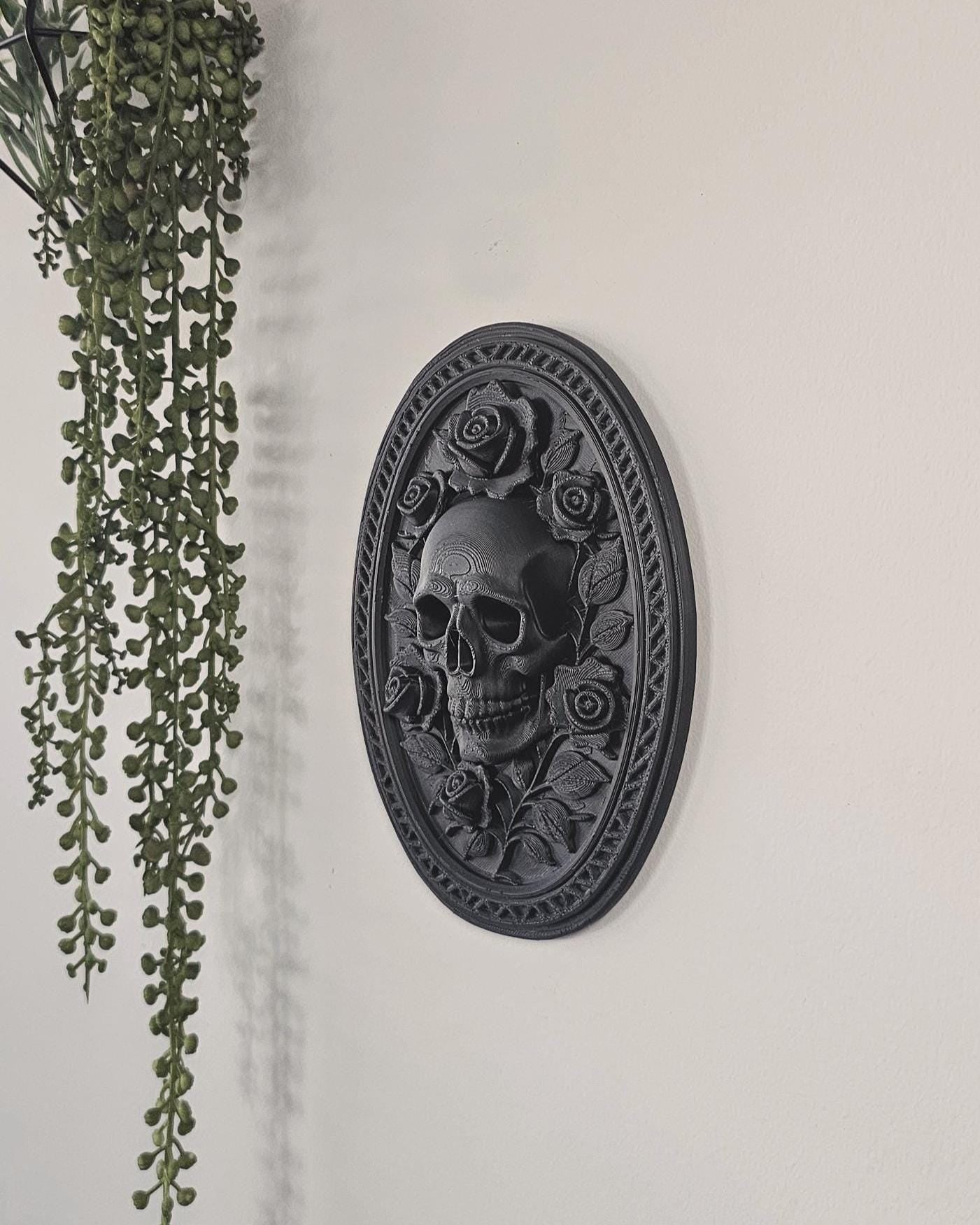Skull and Roses Wall Plaque  3D Printed Gothic Skull Frame, Victorian Floral Wall Decor, Macabre Black Wall Art, Dark Romantic Gothic Decor