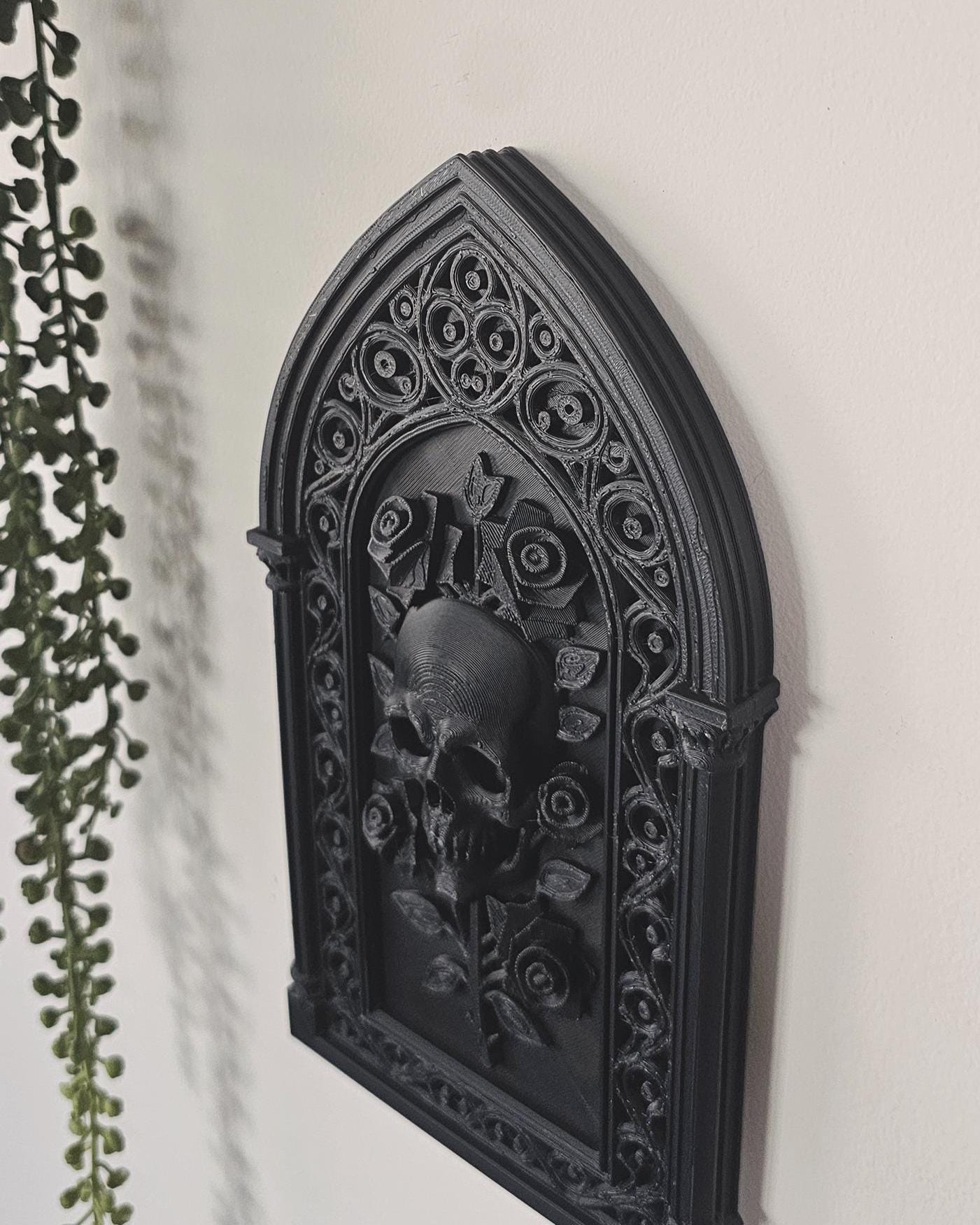 Skull Roses Cathedral Wall Plaque  3D Printed Gothic Skull Frame, Victorian Wall Decor, Macabre Black Wall Art, Dark Romantic Gothic Decor