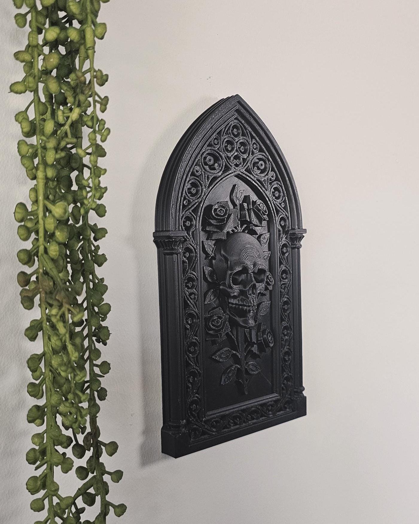 Skull Roses Cathedral Wall Plaque  3D Printed Gothic Skull Frame, Victorian Wall Decor, Macabre Black Wall Art, Dark Romantic Gothic Decor