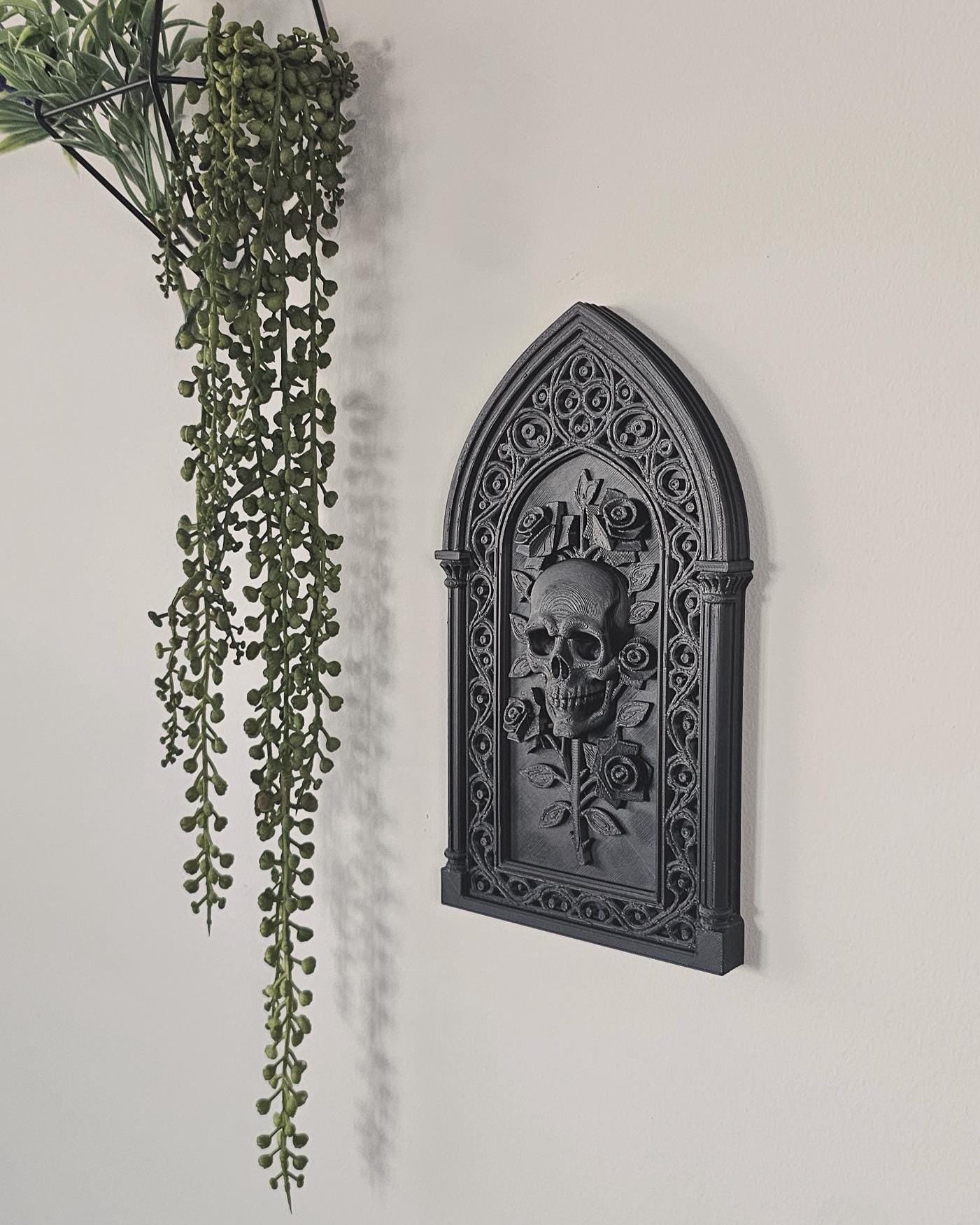 Skull Roses Cathedral Wall Plaque  3D Printed Gothic Skull Frame, Victorian Wall Decor, Macabre Black Wall Art, Dark Romantic Gothic Decor
