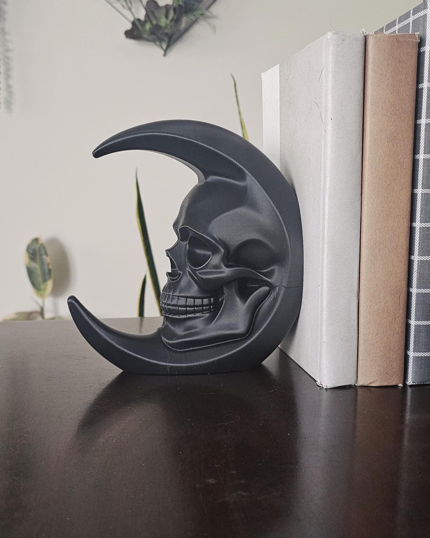 Skull Moon Bookend Set  3D Printed Gothic Bookend,Crescent Moon Skull Decor,Dark Academia Library Decor,Occult Witchy Bookshelf Accent Home