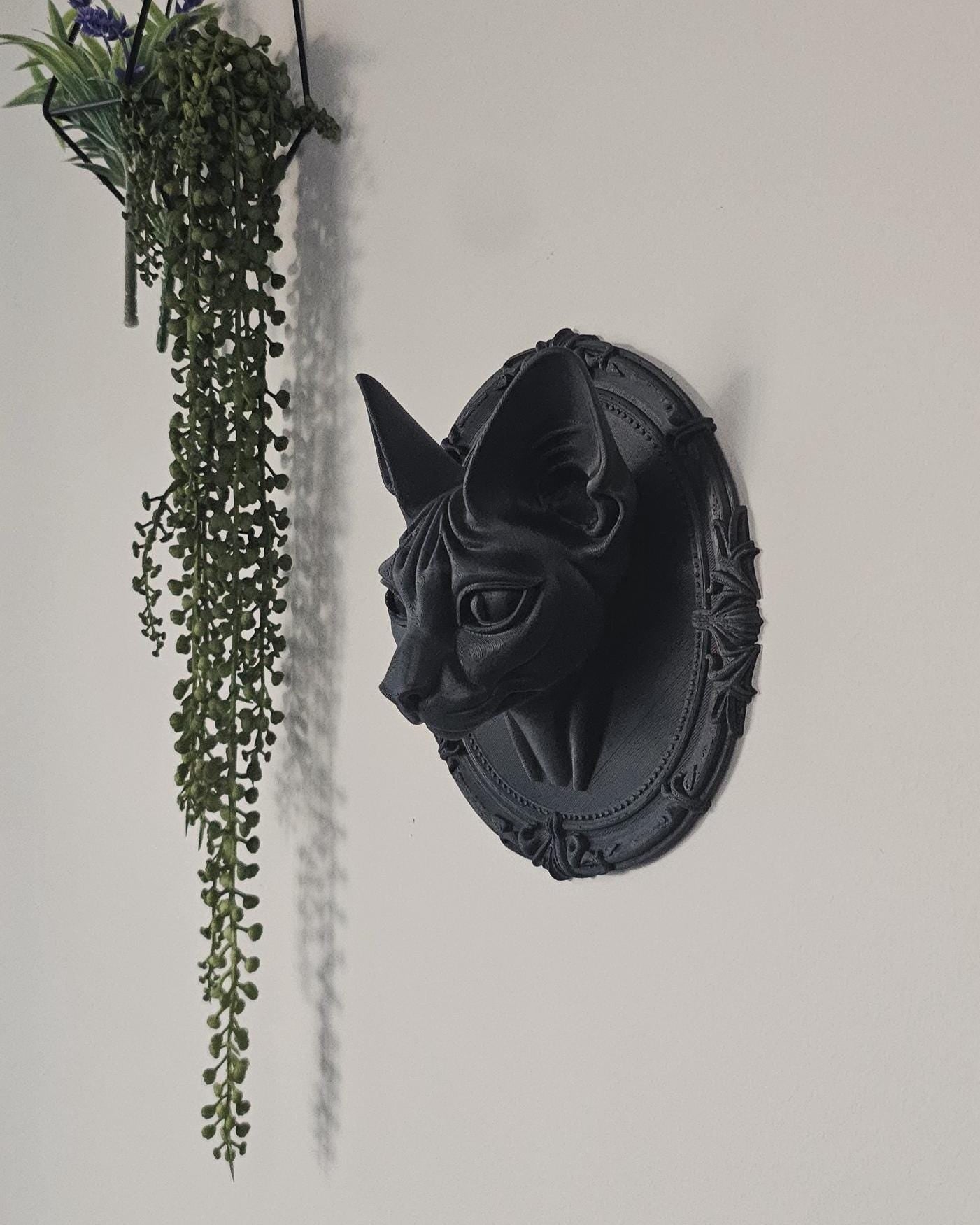 Gothic Sphynx Cat Wall Plaque  3D Printed Sphynx Cat Oval Frame, Gothic Wall Decor Home, Black Cat Wall Art, Victorian Wall Mount Sculpture