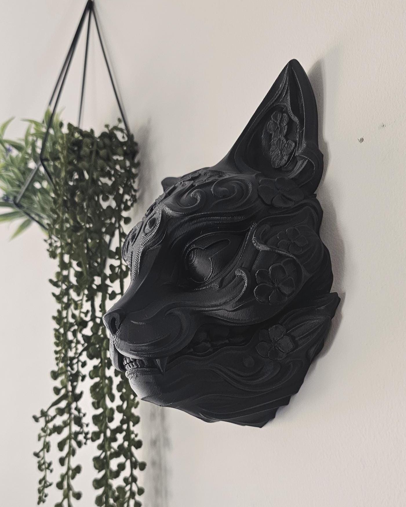 Japanese Kitsune Fox Wall Statue  3D Printed Kitsune Mask Wall Decor, Yokai Fox Spirit Wall Mount, Gothic Japanese Home Decor, Art Displays