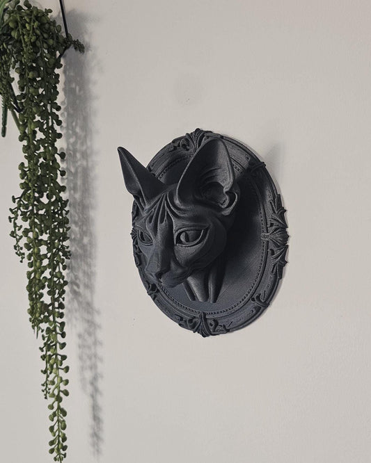 Gothic Sphynx Cat Wall Plaque  3D Printed Sphynx Cat Oval Frame, Gothic Wall Decor Home, Black Cat Wall Art, Victorian Wall Mount Sculpture