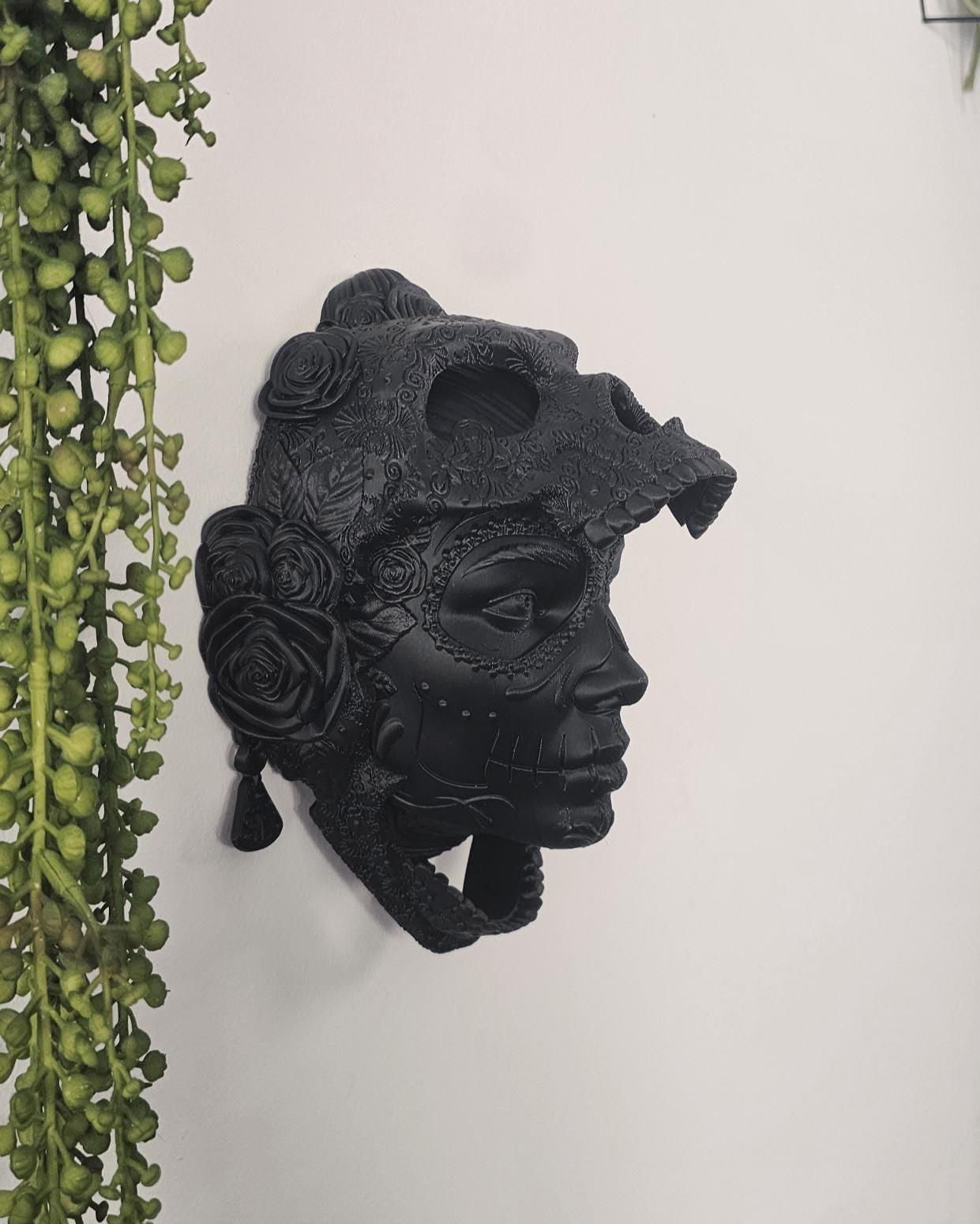 Santa Catrina Sugar Skull Wall Art  Gothic Day of the Dead Decor, 3D Printed Floral Skull Wall Sculpture, Sugar Skull, Santa Muerte