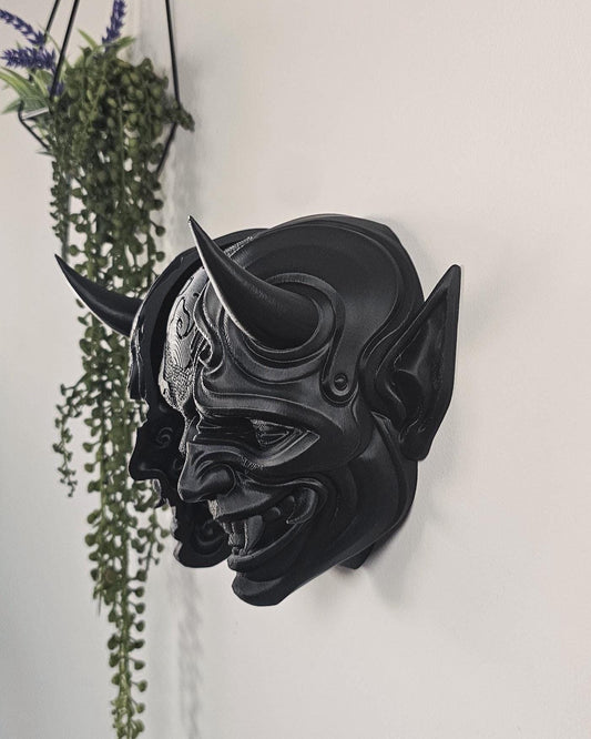 Behind Oni Death Mask  3D Printed Japanese Demon Skull Wall Art, Gothic Samurai Decor, Feudal Fantasy Mask for Home or Cosplay Display