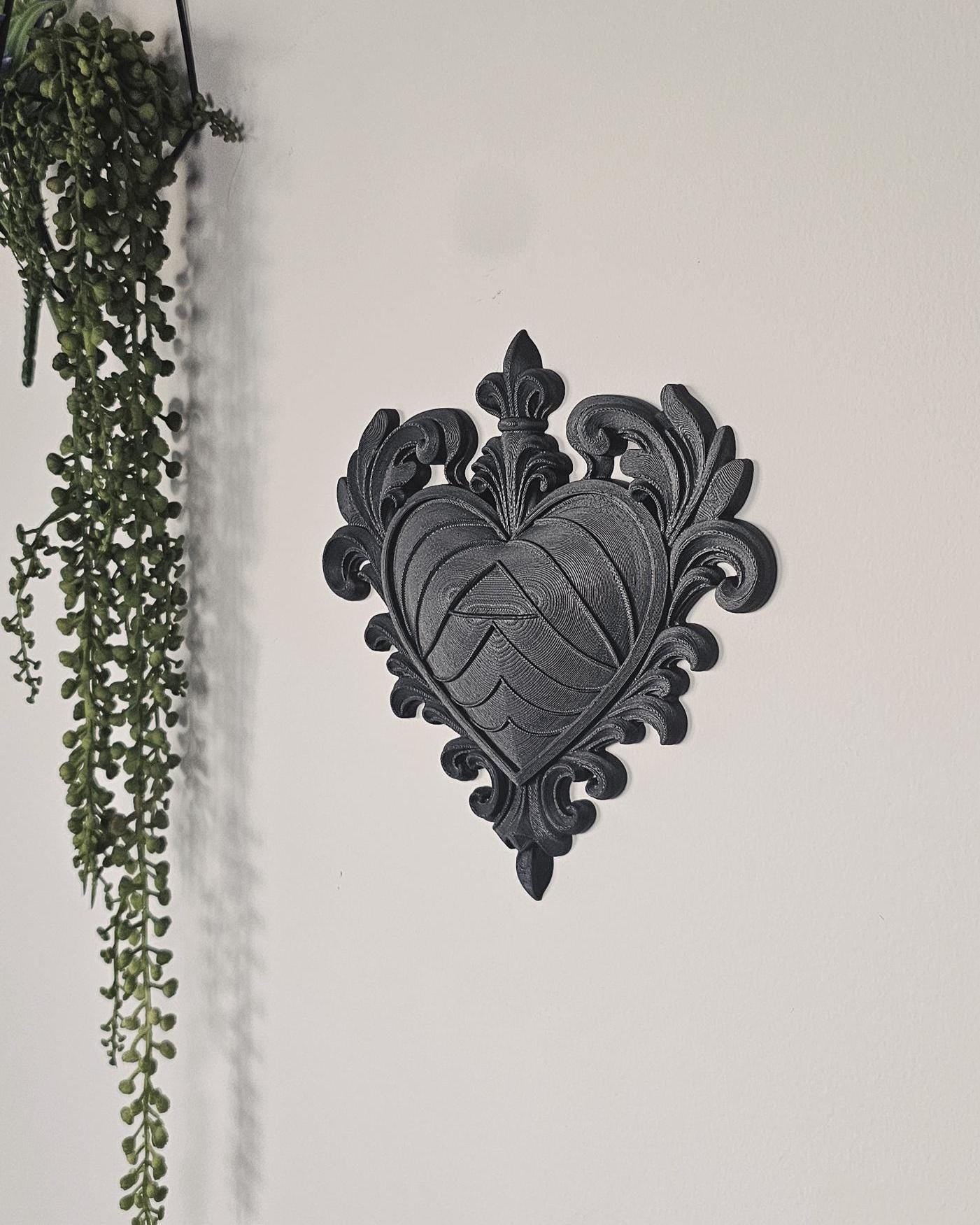 Ornate Baroque Heart Wall Plaque  3D Printed Decorative Heart Frame, Gothic Romantic Wall Decor, Victorian Scroll Wall Art Display