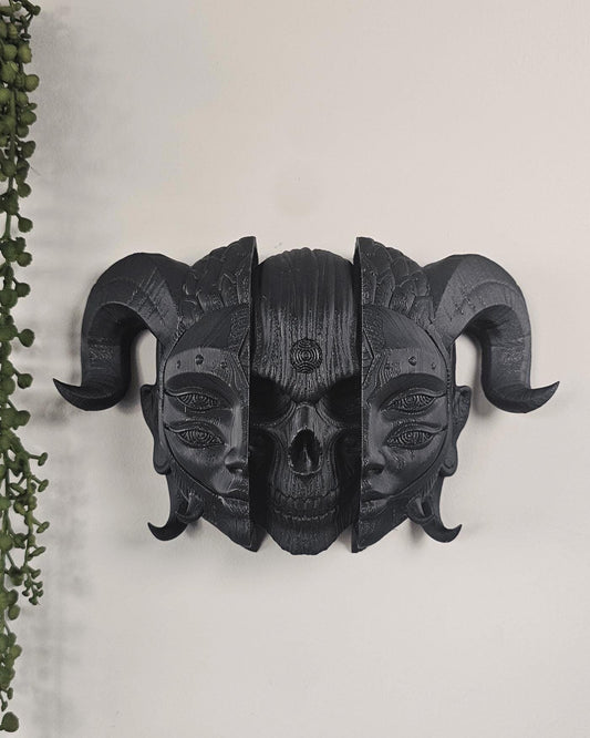 Holy Quin Wall Mask  Gothic Triple Face Skull Wall Mount, Dark Fantasy Wall Sculpture, Occult Curiosity Decor, Macabre Gothic Wall Art