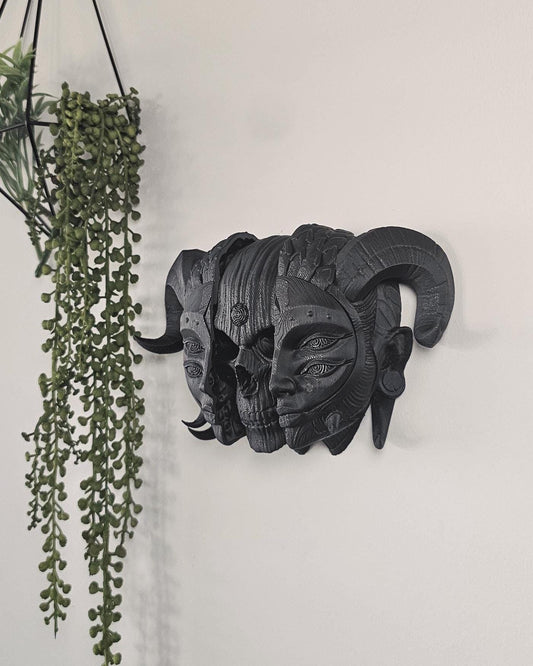 Holy Quin Wall Mask  Gothic Triple Face Skull Wall Mount, Dark Fantasy Wall Sculpture, Occult Curiosity Decor, Macabre Gothic Wall Art