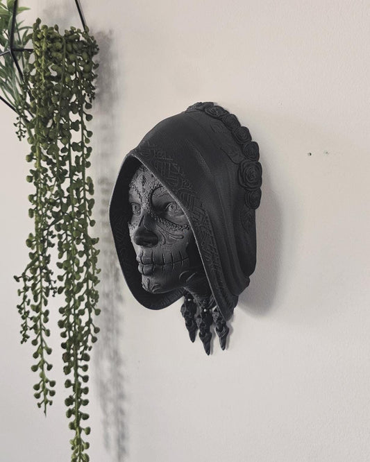 La Catrina Sugar Skull Wall Art  3D Printed Calavera, Day of the Dead (Dia de los Muertos) Decor, Mexican Gothic Skull Sculpture