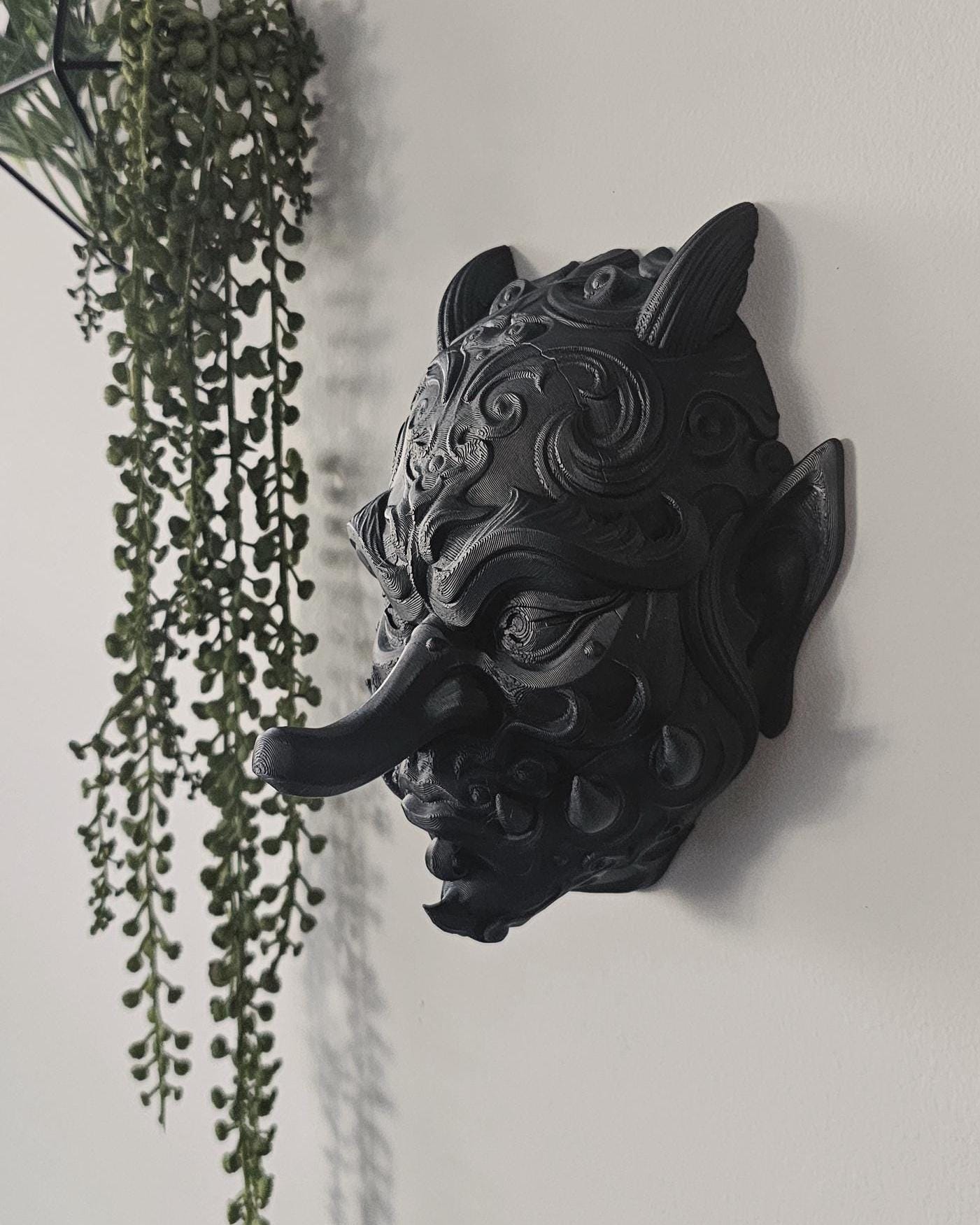 Tengu Wall Mask  Japanese Demon Wall Mount, Ornate Mythical Face Sculpture, Gothic Asian Wall Decor, Dark Fantasy Wall Art Display