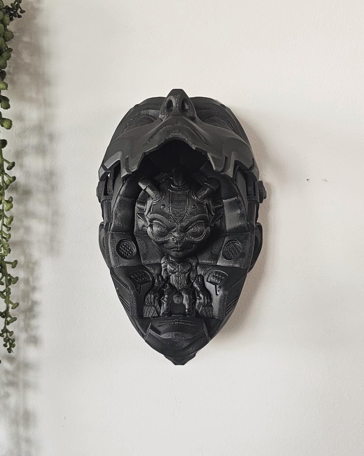 Cyberpunk Demon Pod Wall Mask  3D Printed Sci-Fi Wall Sculpture, Robotic Face Wall Art, Gamer Room Gothic Decor