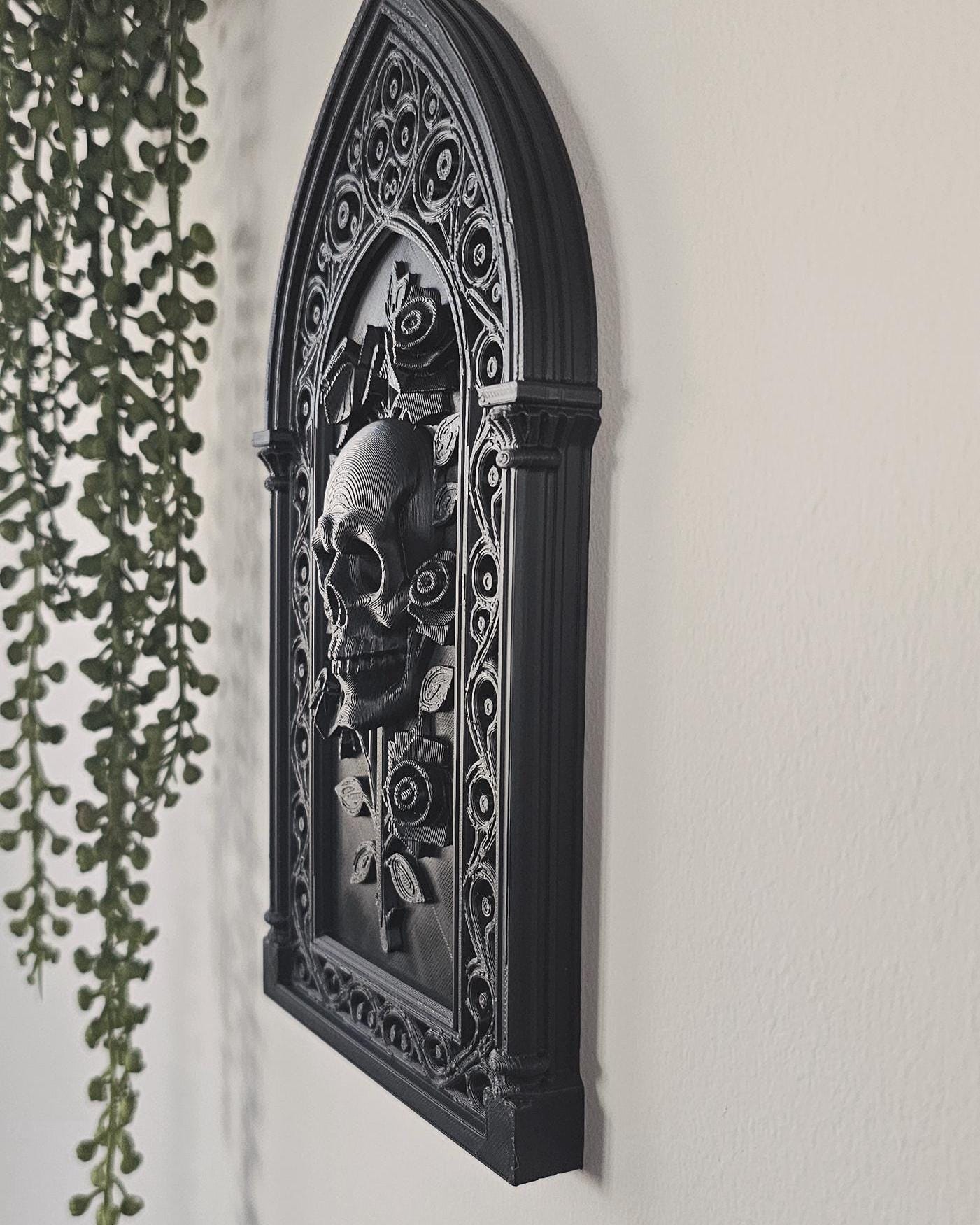 Skull Roses Cathedral Wall Plaque  3D Printed Gothic Skull Frame, Victorian Wall Decor, Macabre Black Wall Art, Dark Romantic Gothic Decor