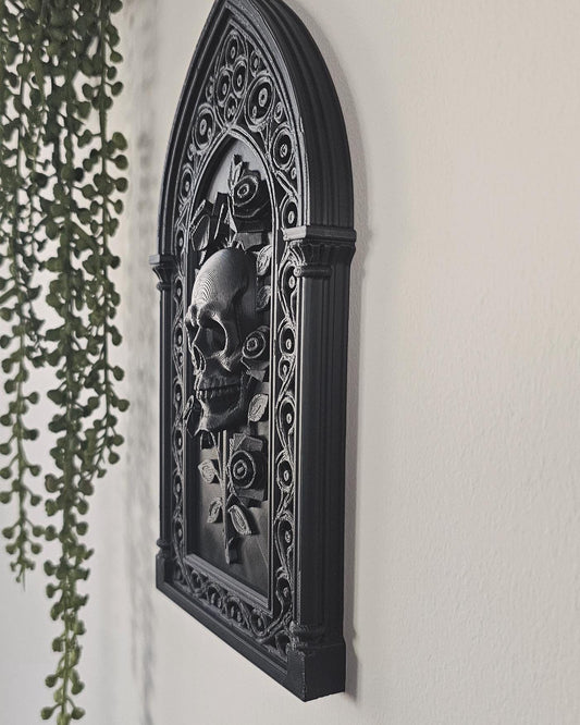 Skull Roses Cathedral Wall Plaque  3D Printed Gothic Skull Frame, Victorian Wall Decor, Macabre Black Wall Art, Dark Romantic Gothic Decor