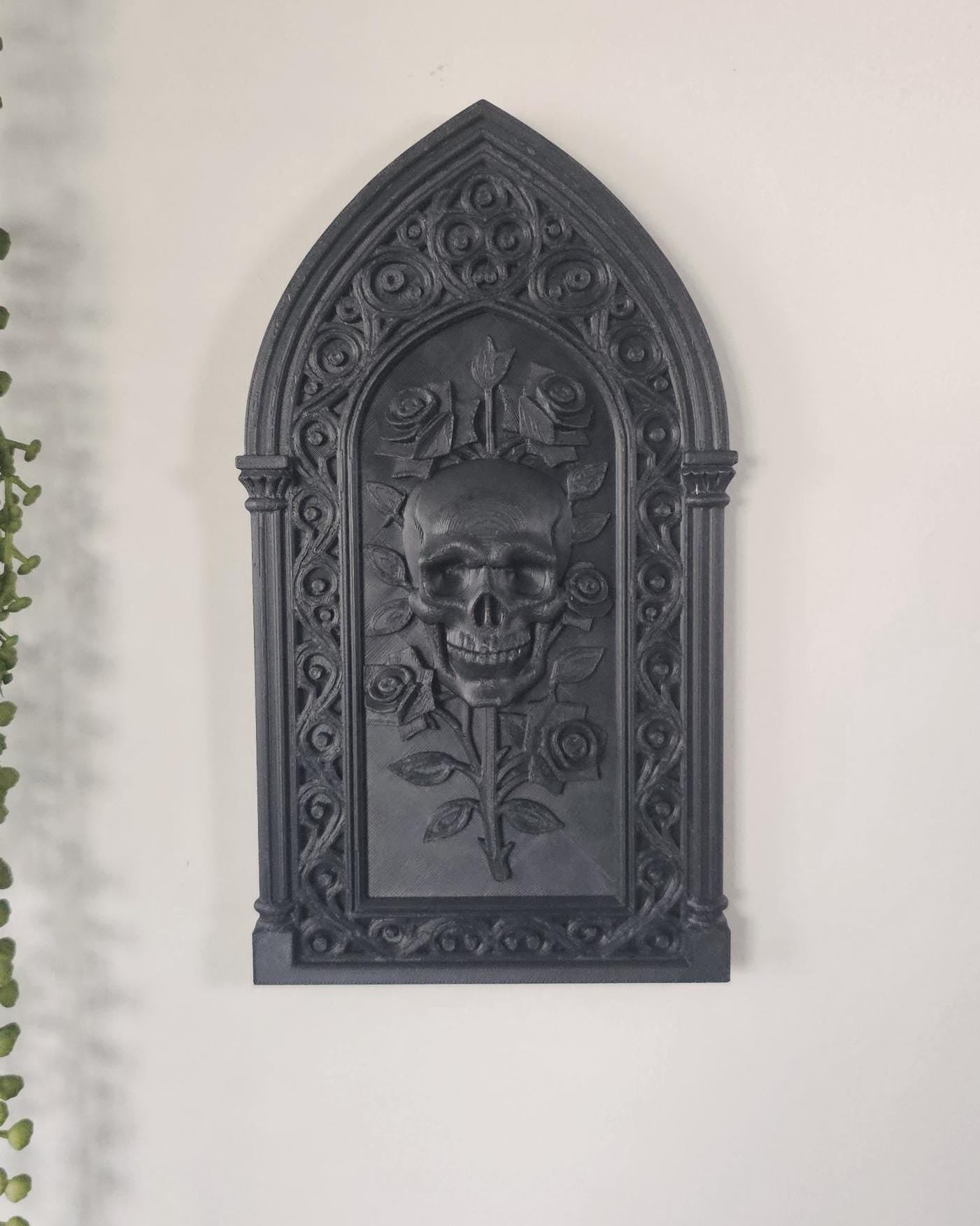 Skull Roses Cathedral Wall Plaque  3D Printed Gothic Skull Frame, Victorian Wall Decor, Macabre Black Wall Art, Dark Romantic Gothic Decor
