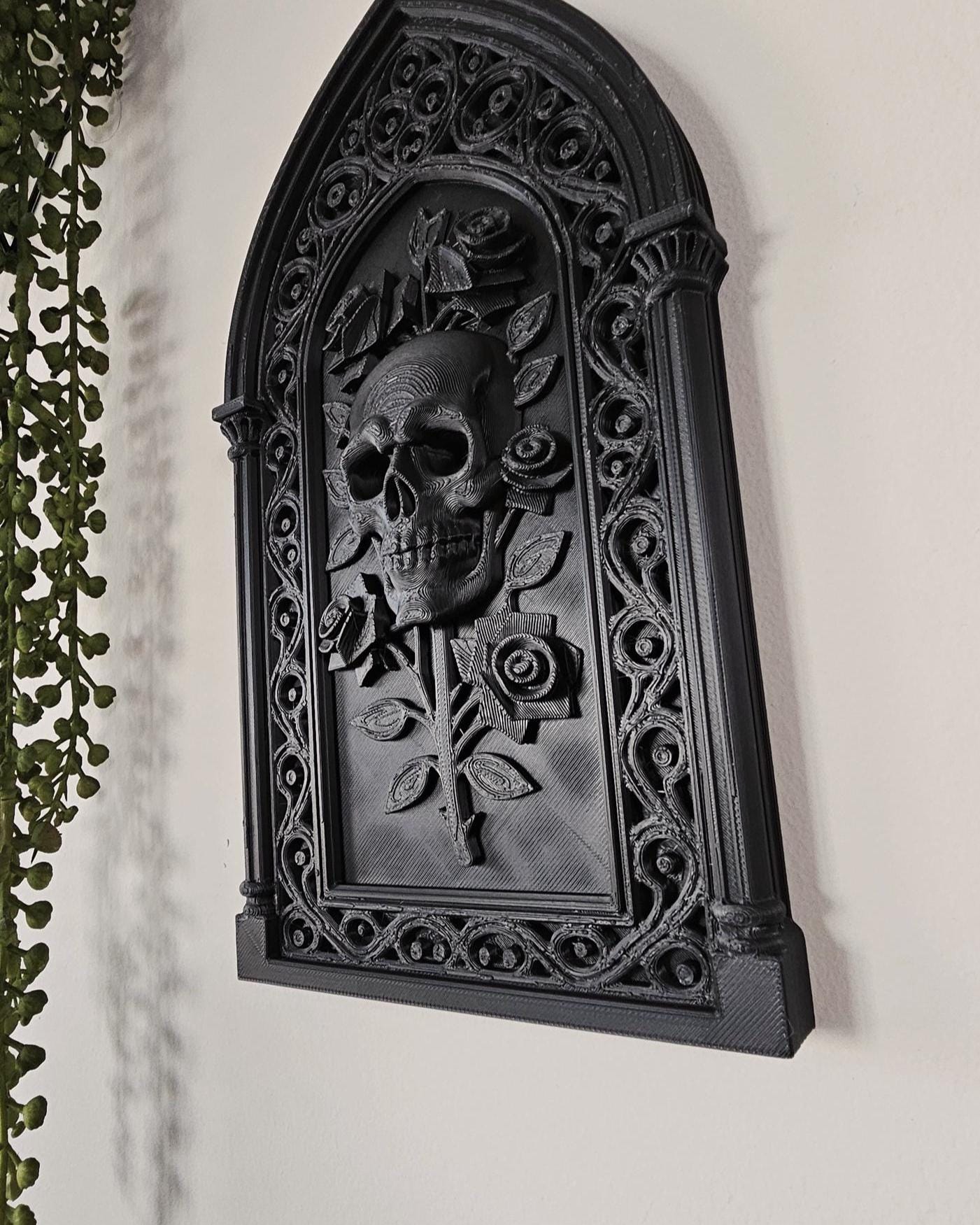 Skull Roses Cathedral Wall Plaque  3D Printed Gothic Skull Frame, Victorian Wall Decor, Macabre Black Wall Art, Dark Romantic Gothic Decor