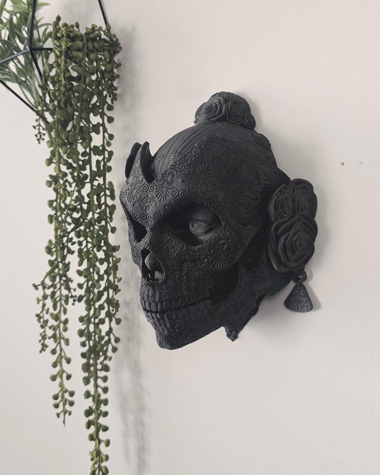 Santa Catrina Sugar Skull Wall Art  Gothic Day of the Dead Decor, 3D Printed Floral Skull Wall Sculpture, Sugar Skull, Santa Muerte
