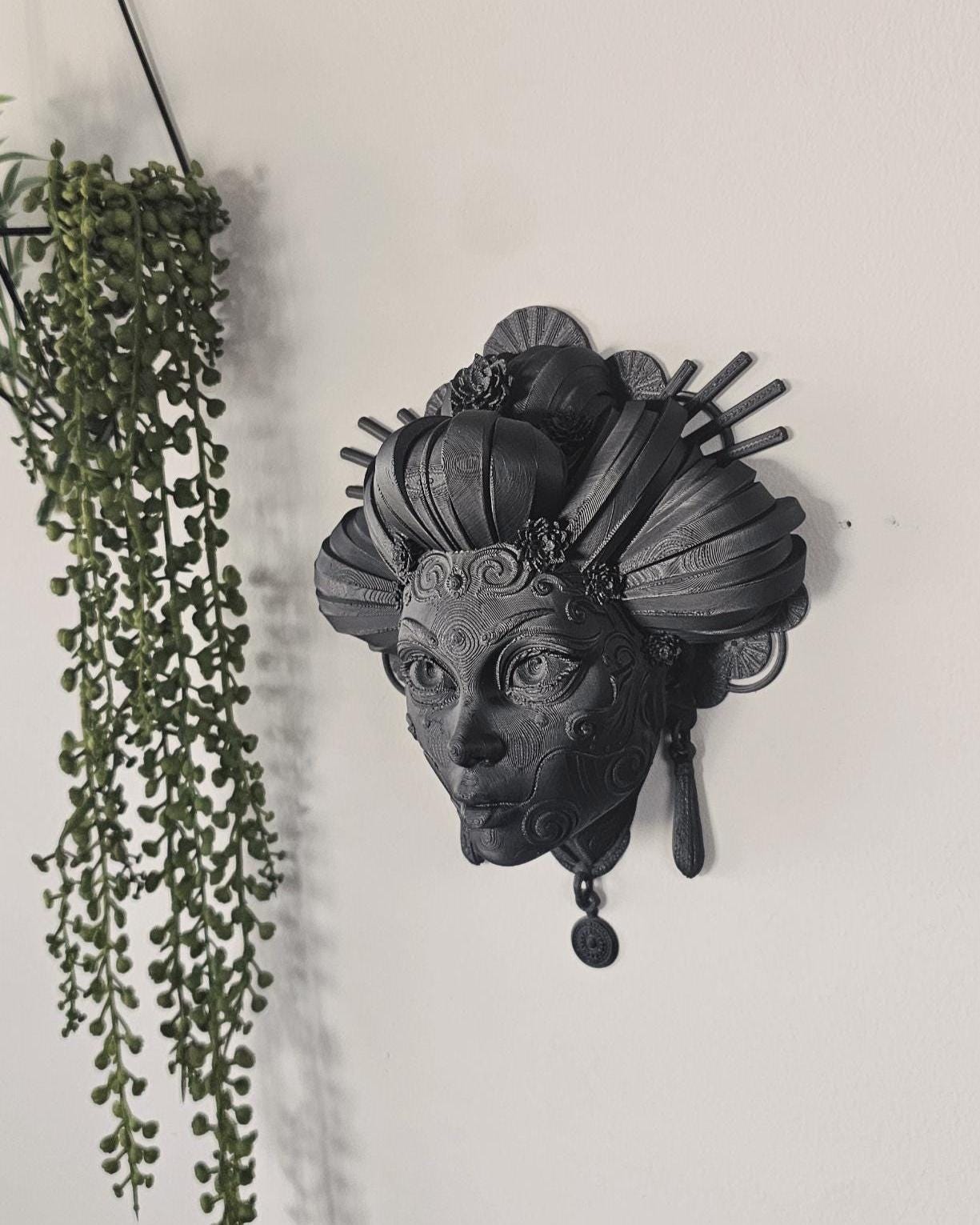 Title: Japanese Geisha Wall Mask  3D Printed Geisha Face Wall Decor, Gothic Japanese Wall Art, Dark Home Decor, Statement Wall Sculpture