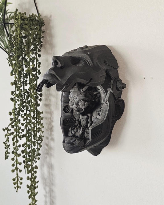 Cyberpunk Demon Pod Wall Mask  3D Printed Sci-Fi Wall Sculpture, Robotic Face Wall Art, Gamer Room Gothic Decor